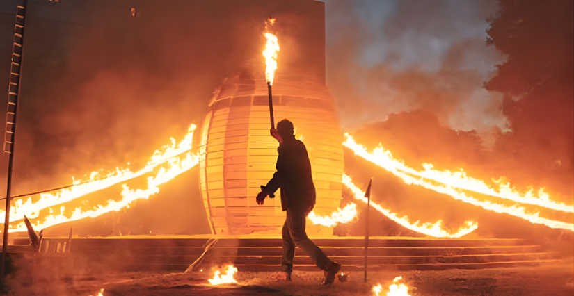Installation, feu d'artifice et déambulation musicale pour le Festival de la Sainte Barbe à Oignies